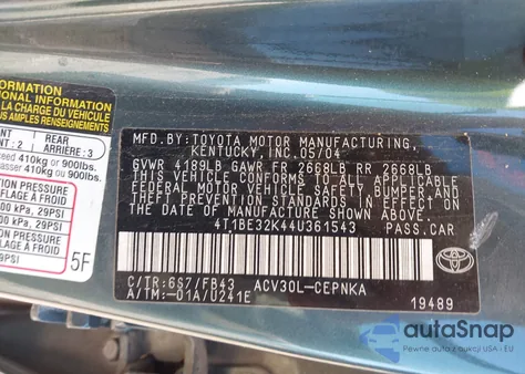 2004 Toyota Camry Le from USA, damaged, VIN 4T1BE32K44U361543